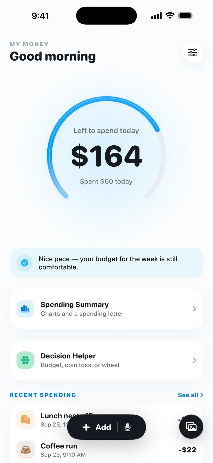 My Money Home screen showing what is left to spend today