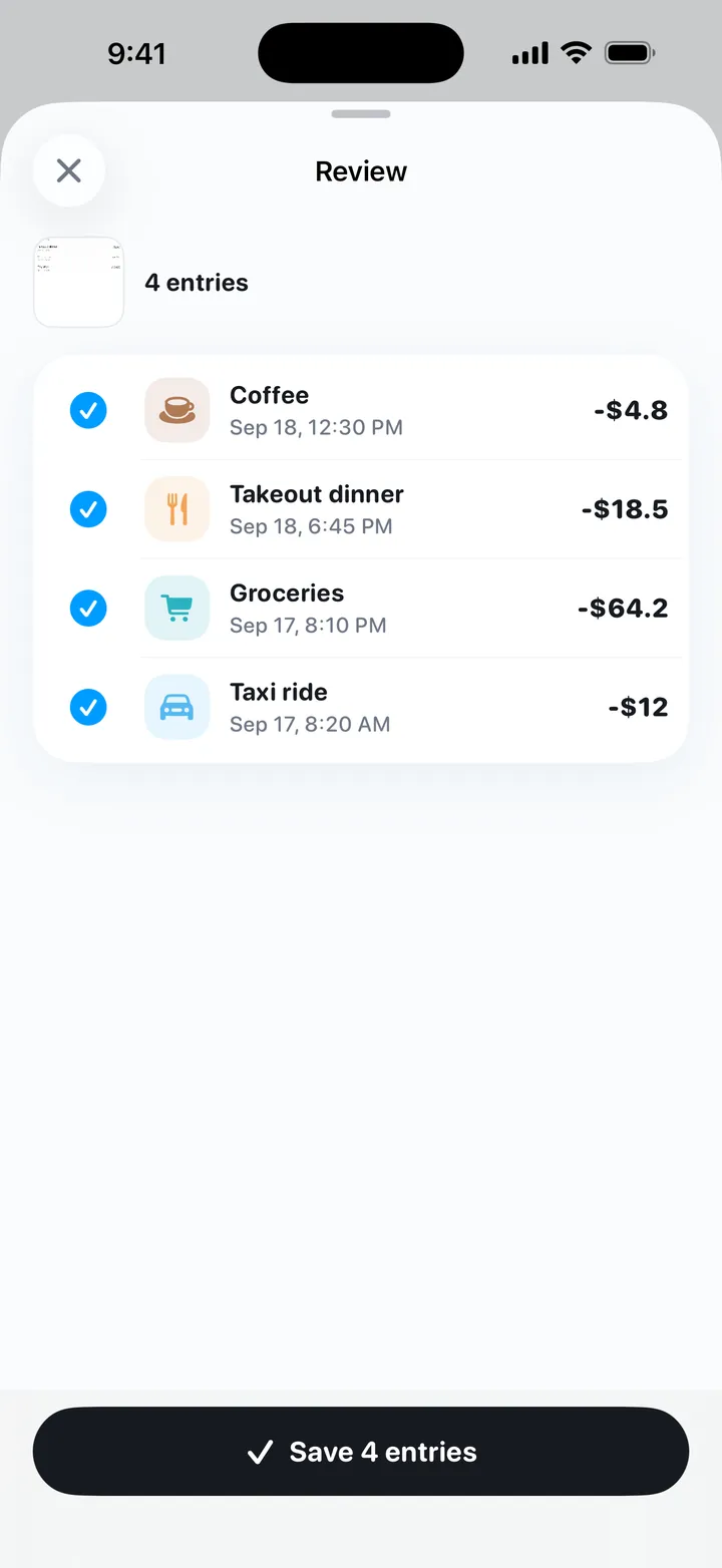My Money screenshot entry: reviewing each recognized line