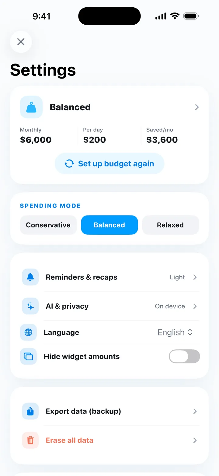 My Money Settings screen